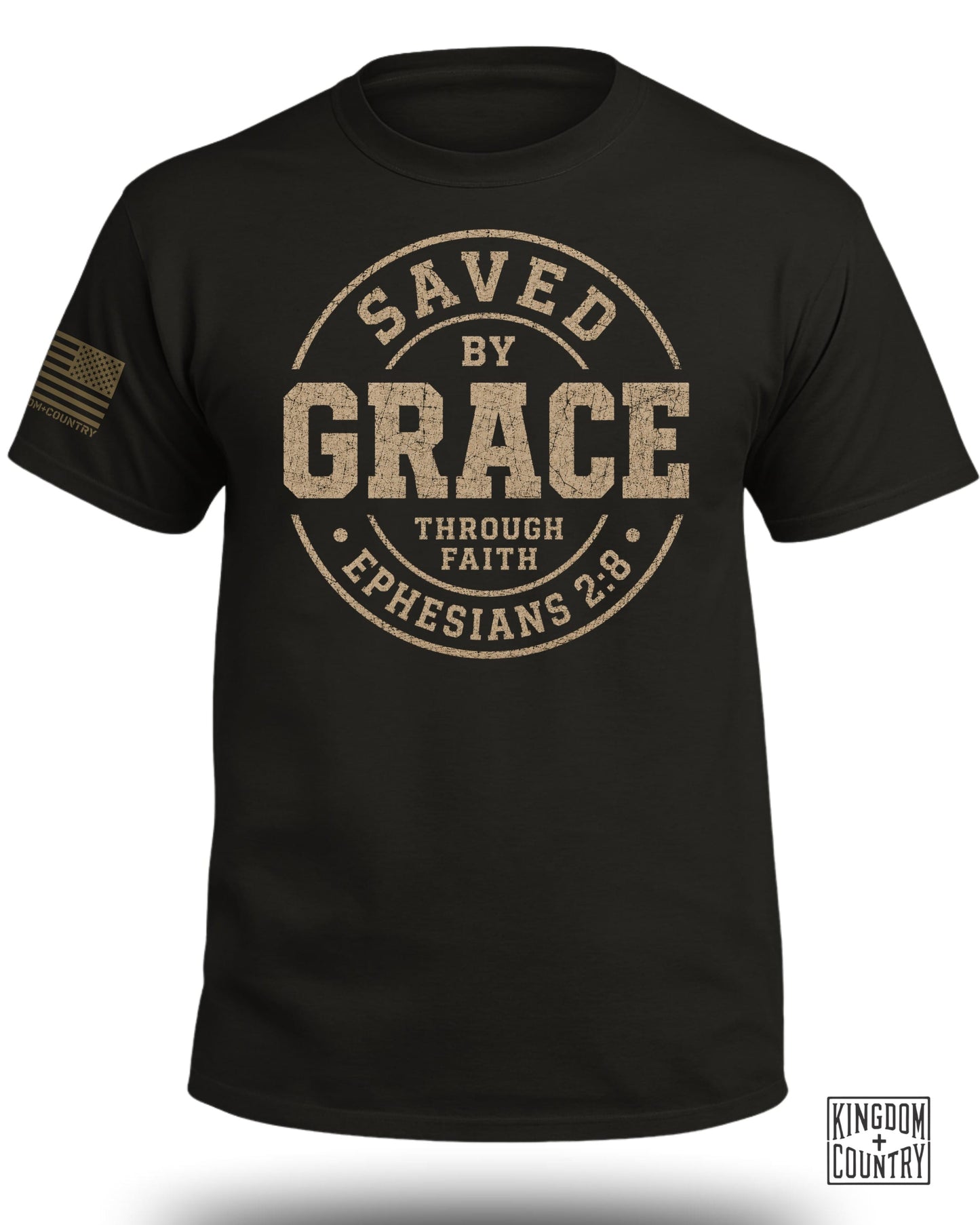 Black t-shirt with "Saved by Grace Through Faith Ephesians 2:8" and American flag graphic.
