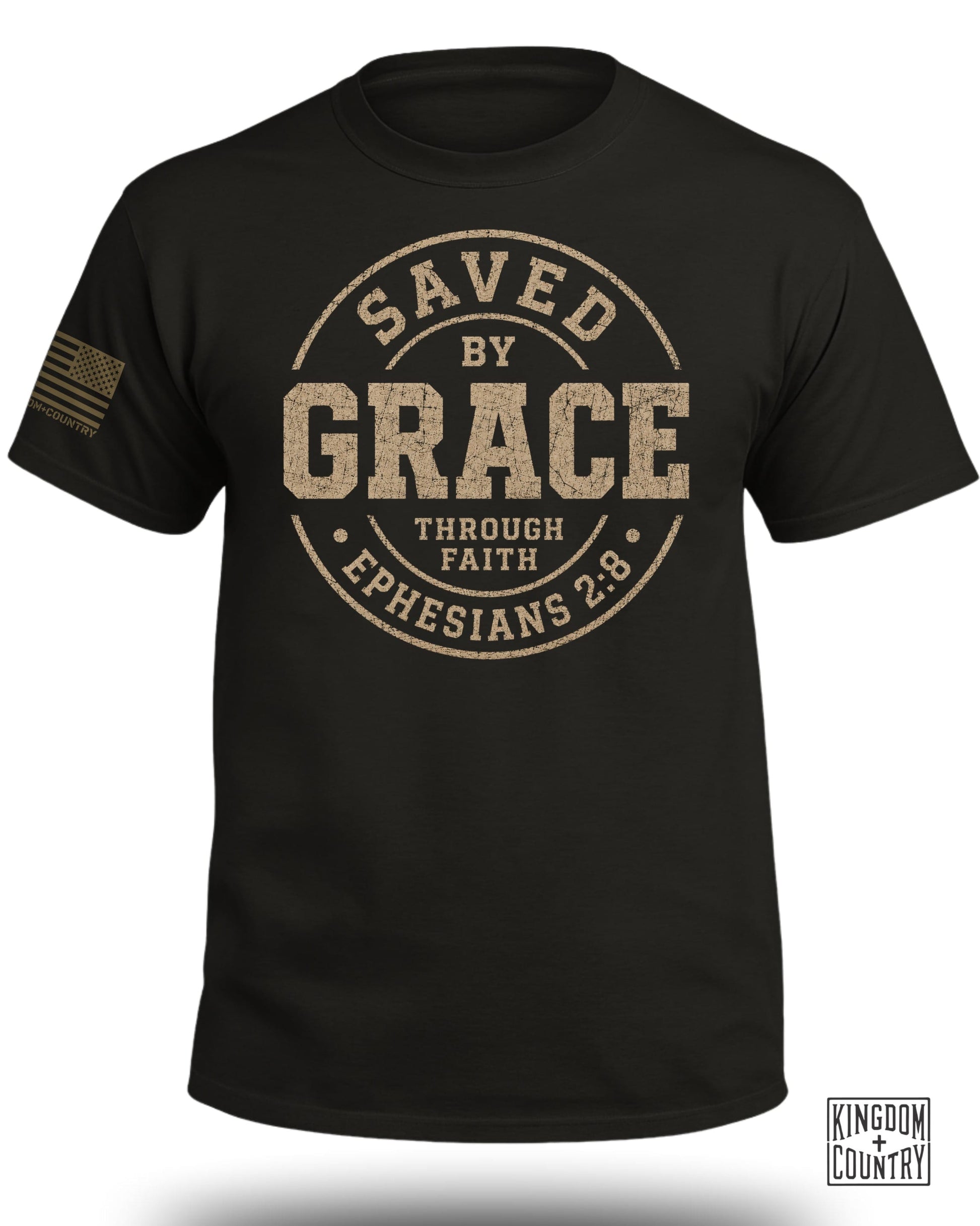 Black t-shirt with "Saved by Grace Through Faith Ephesians 2:8" and American flag graphic.