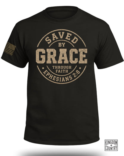 Black t-shirt with "Saved by Grace Through Faith Ephesians 2:8" and American flag graphic.