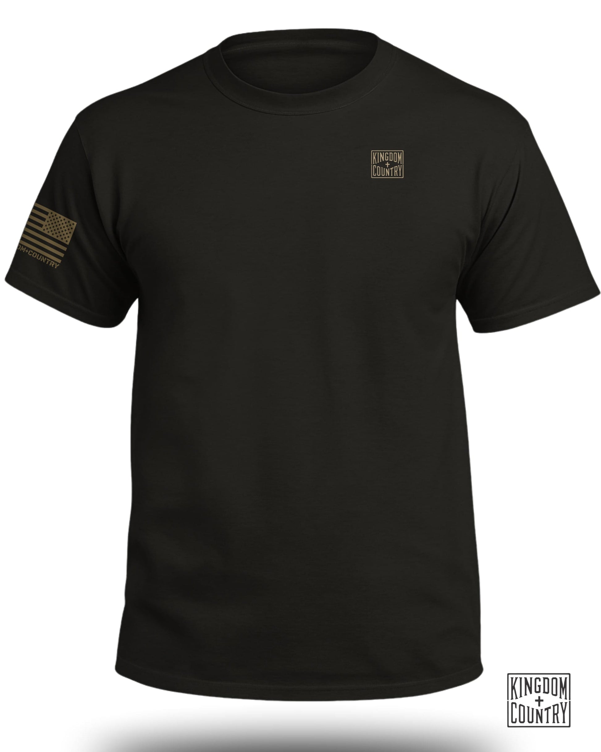 Black t-shirt with a gold American flag on the left sleeve and a square logo.