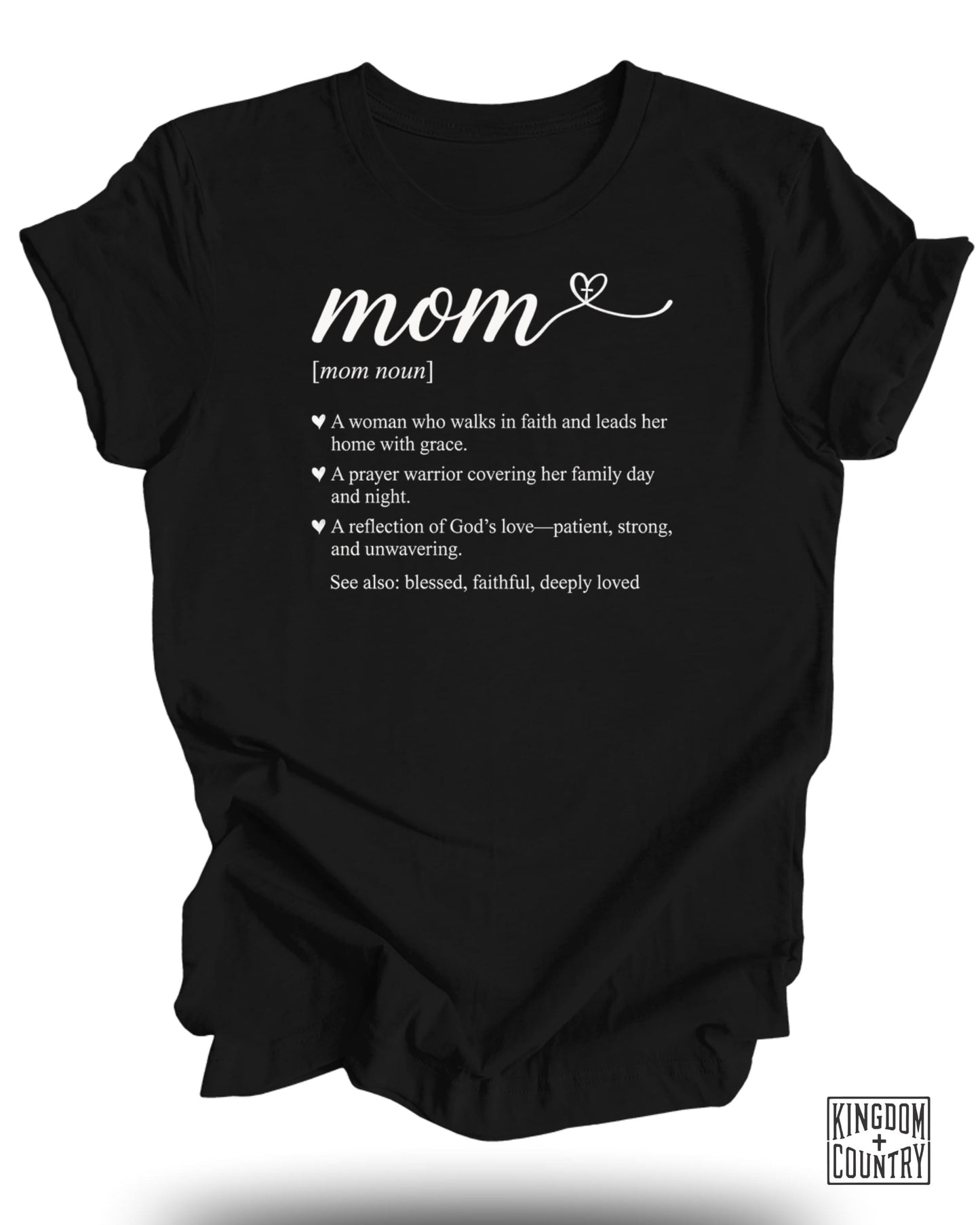 Black t-shirt with "Mom" in script and inspirational text about faith.