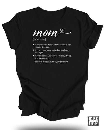 Black t-shirt with "Mom" in script and inspirational text about faith.