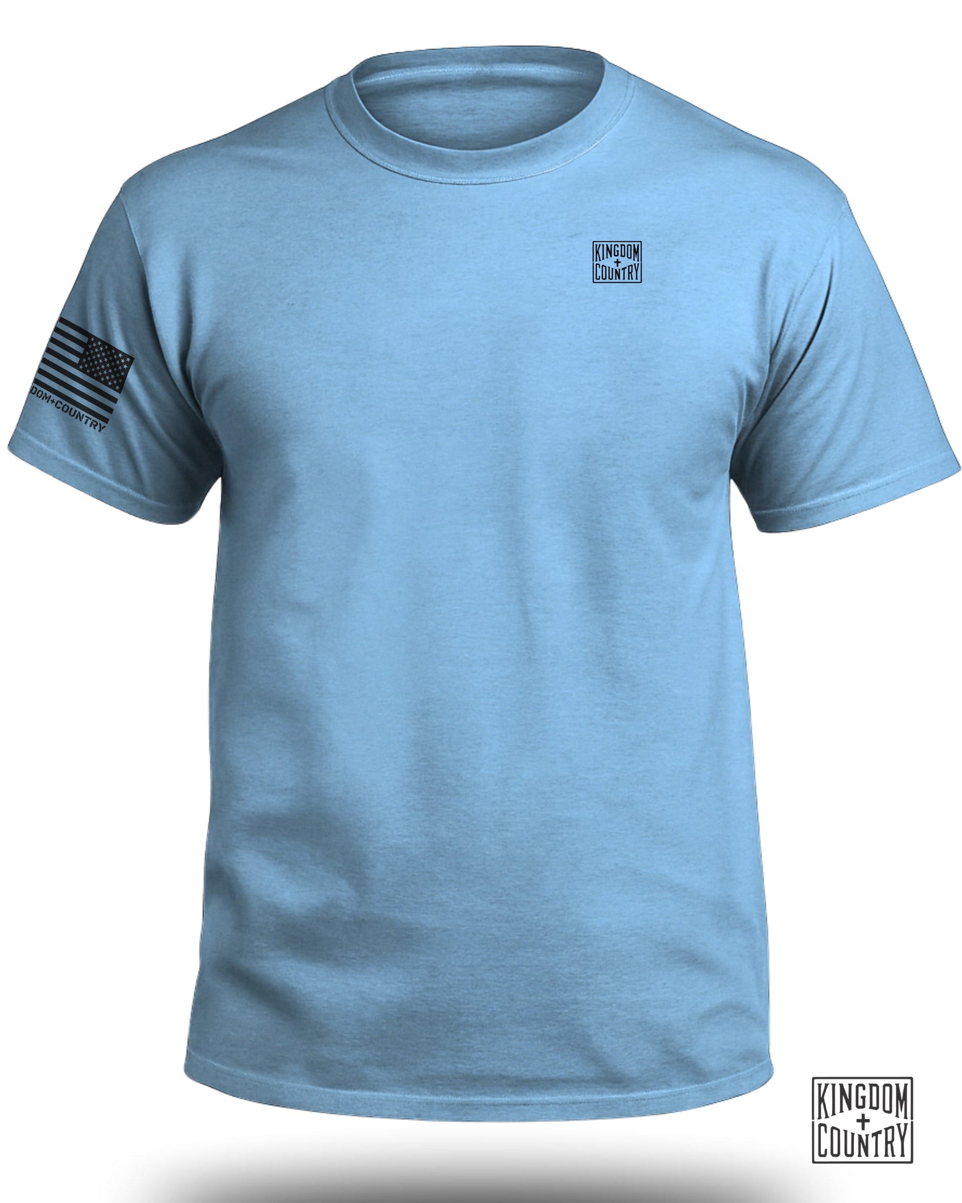 Light blue t-shirt with an American flag on the left sleeve and two logos.