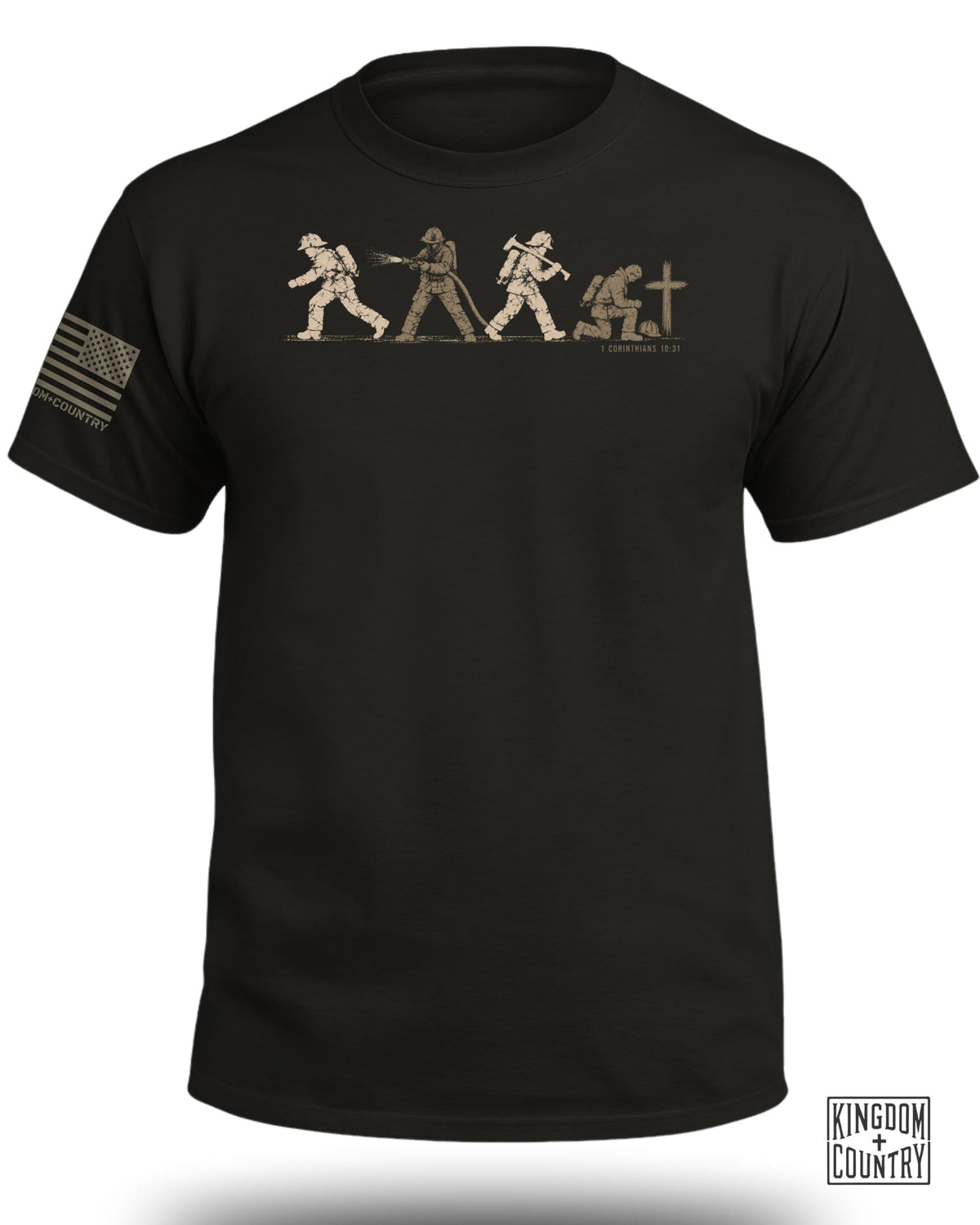 Black t-shirt featuring a graphic of four firefighters, a cross, and an American flag on the sleeve.