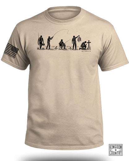 T-shirt graphic shows evolution of fishing to prayer, with Matthew 4:19.