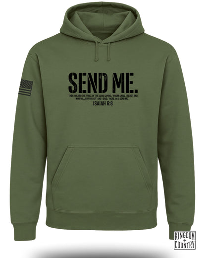 Olive green hoodie with "SEND ME ISAIAH 6:8" and an American flag patch.