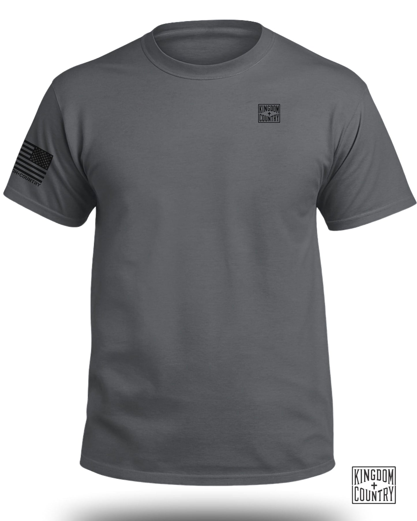 Grey t-shirt with the Kingdom + Country logo on the left chest and sleeve.