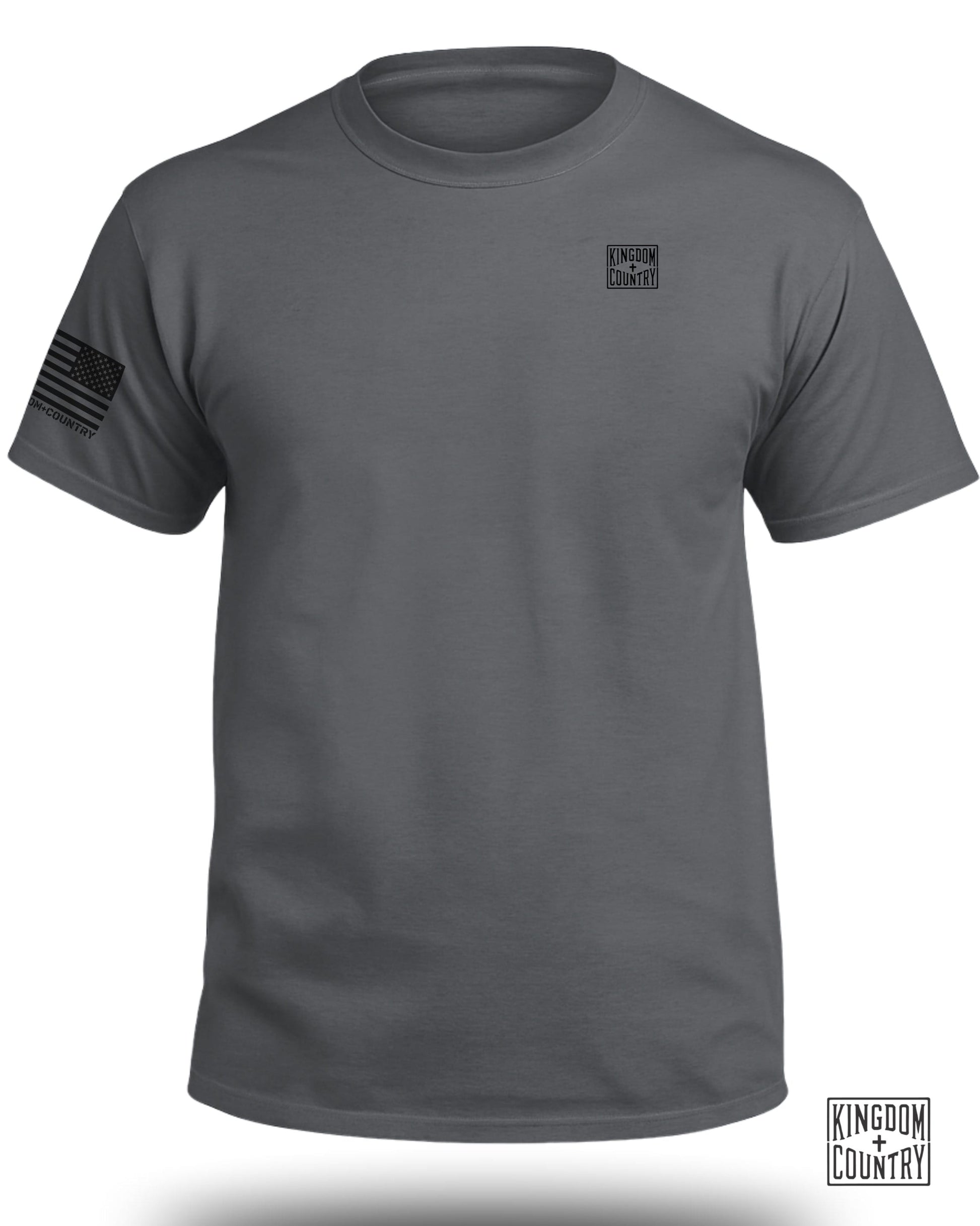 Grey t-shirt with the Kingdom + Country logo on the left chest and sleeve.