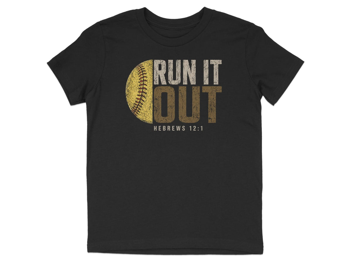 Black t-shirt with a baseball graphic and text "RUN IT OUT HEBREWS 12:1".