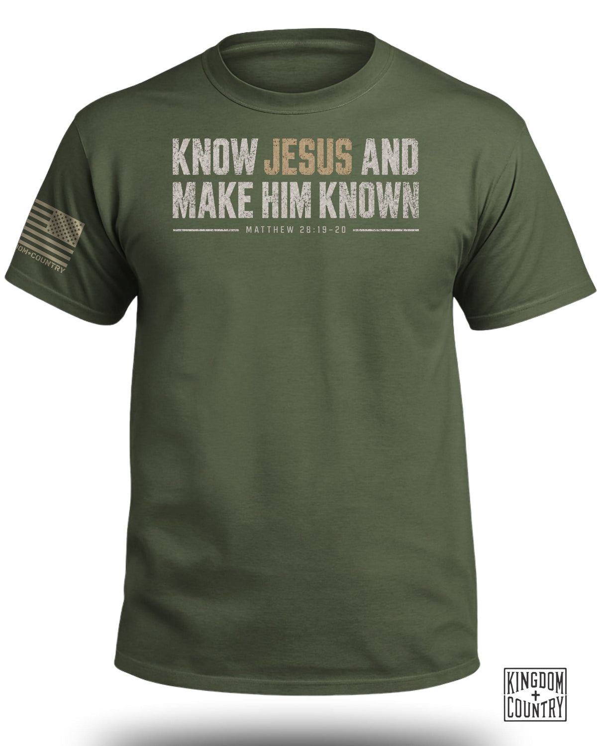Green t-shirt with "KNOW JESUS AND MAKE HIM KNOWN" and "MATTHEW 28:19-20".