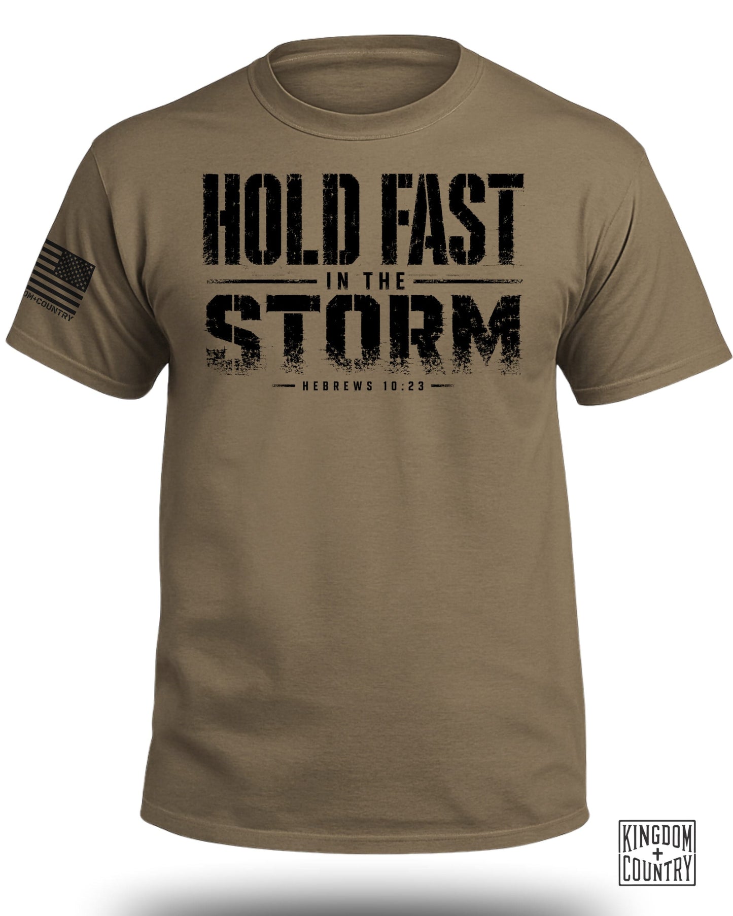 Brown t-shirt with black text "HOLD FAST IN THE STORM HEBREWS 10:23" and an American flag patch.