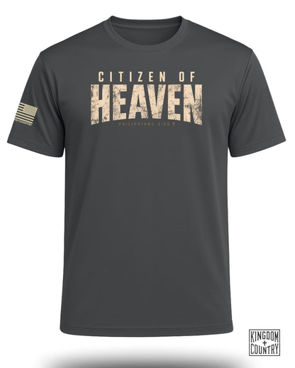 Dark gray t-shirt with "Citizen of Heaven" and Philippians 3:20 text.