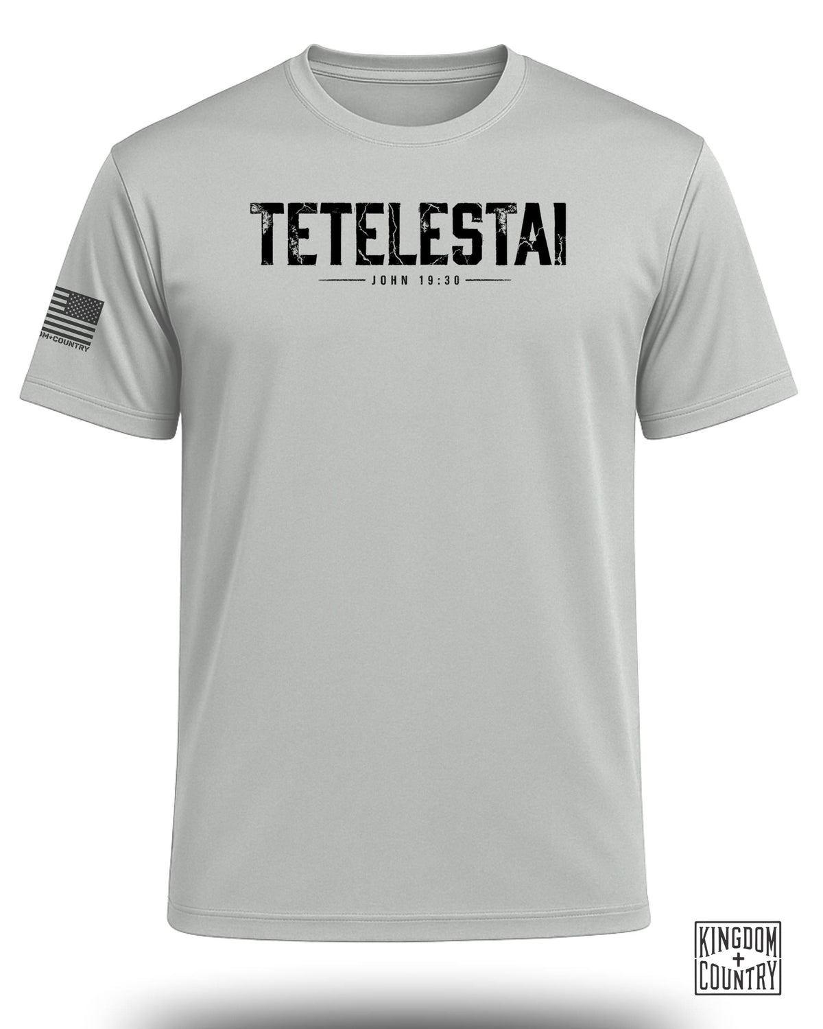 Light grey t-shirt with "TETEL ESTAI JOHN 19:30" printed on the front.