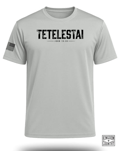 Light grey t-shirt with "TETEL ESTAI JOHN 19:30" printed on the front.
