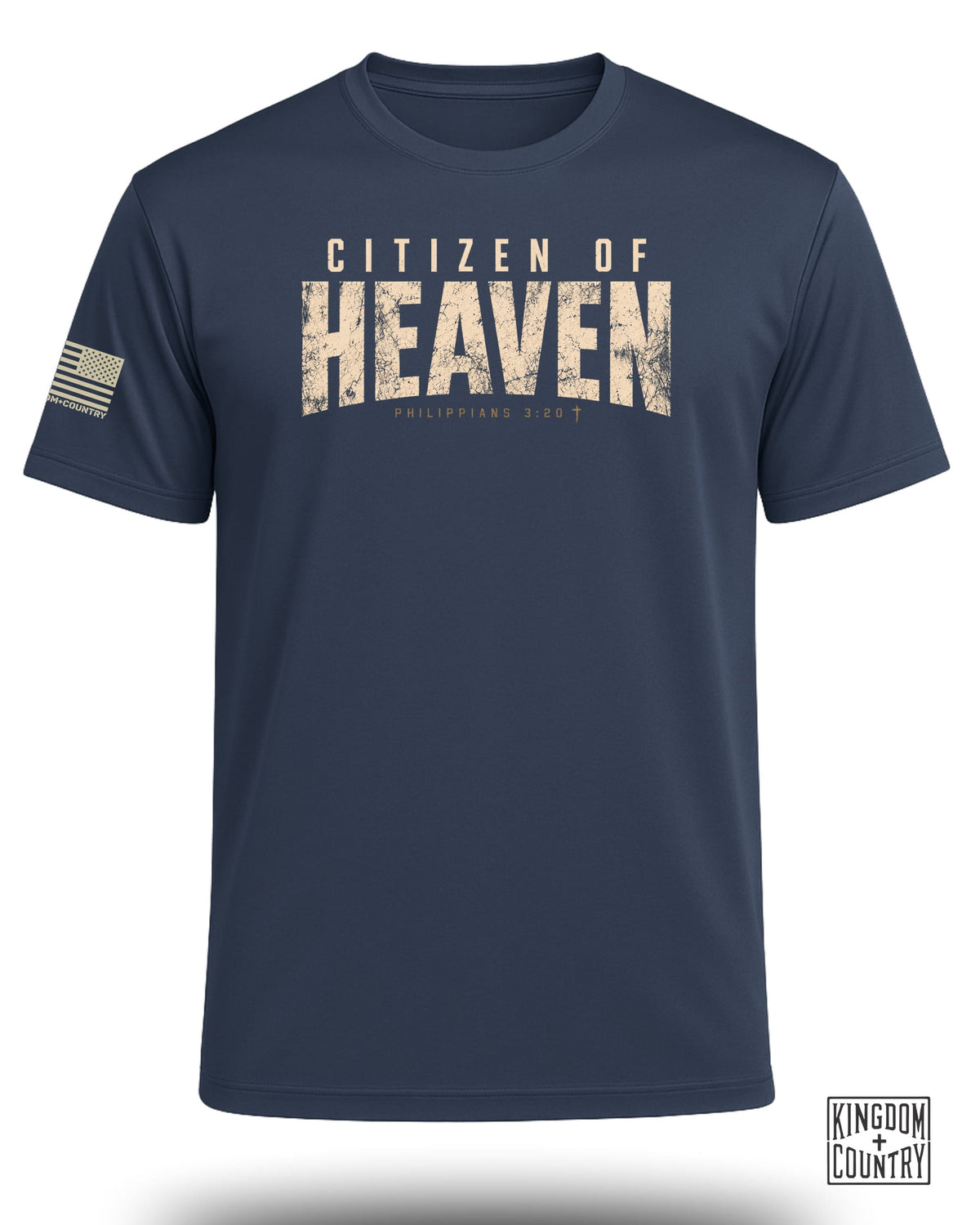 Navy t-shirt with "Citizen of Heaven" text and Philippians 3:20. American flag graphic on sleeve.
