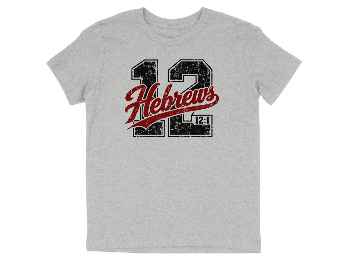 Grey t-shirt with distressed "12 Hebrews 12:1" graphic in black and red.