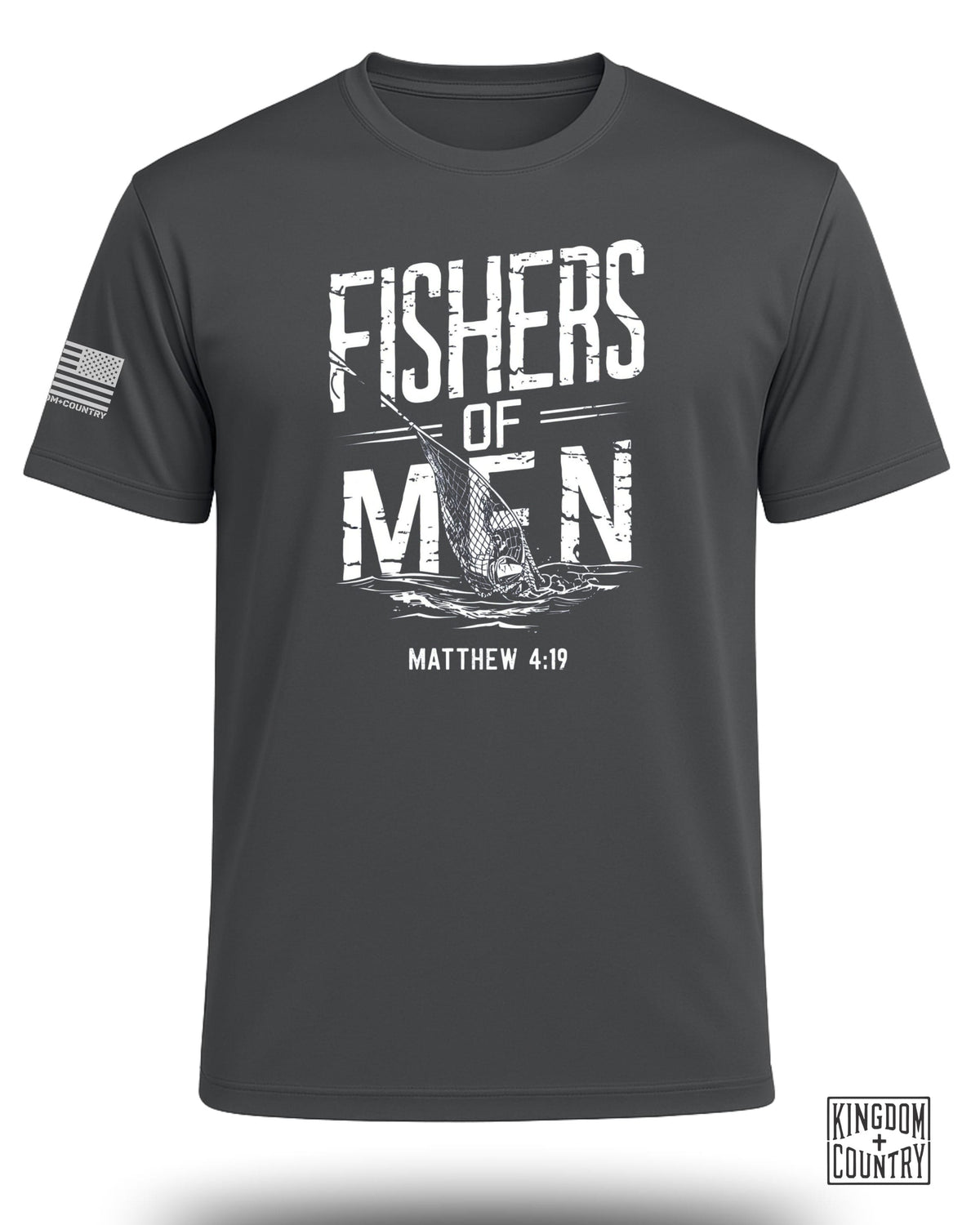Dark gray t-shirt with "Fishers of Men" graphic and Matthew 4:19.