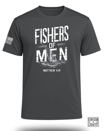 Dark gray t-shirt with "Fishers of Men" graphic and Matthew 4:19.