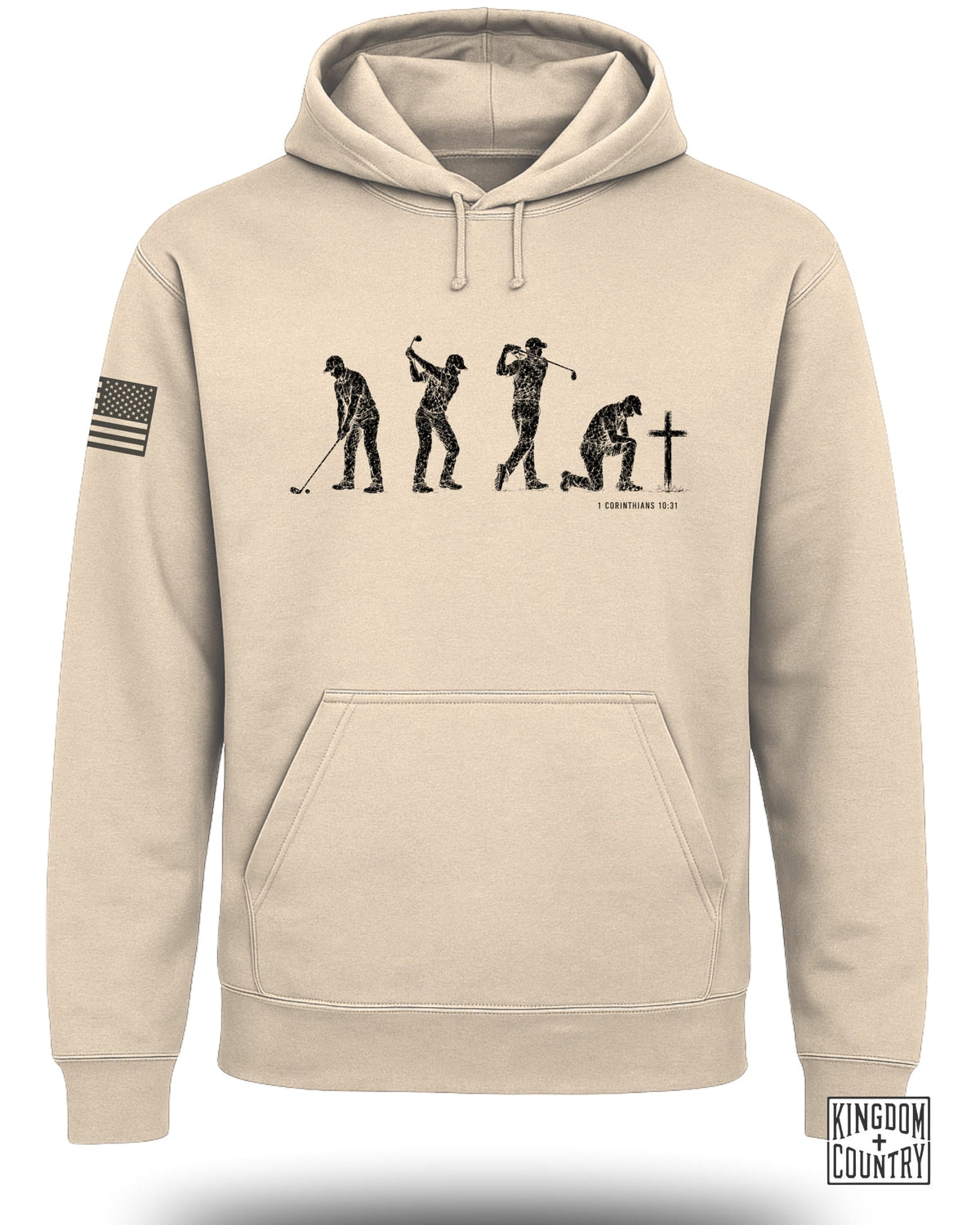 Tan hoodie with evolution of golf graphic and American flag on sleeve.