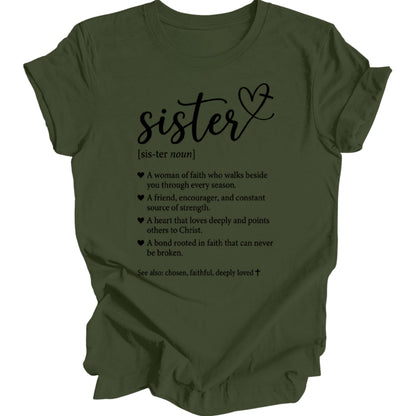 Olive green t-shirt with "Sister" text and inspirational quotes.