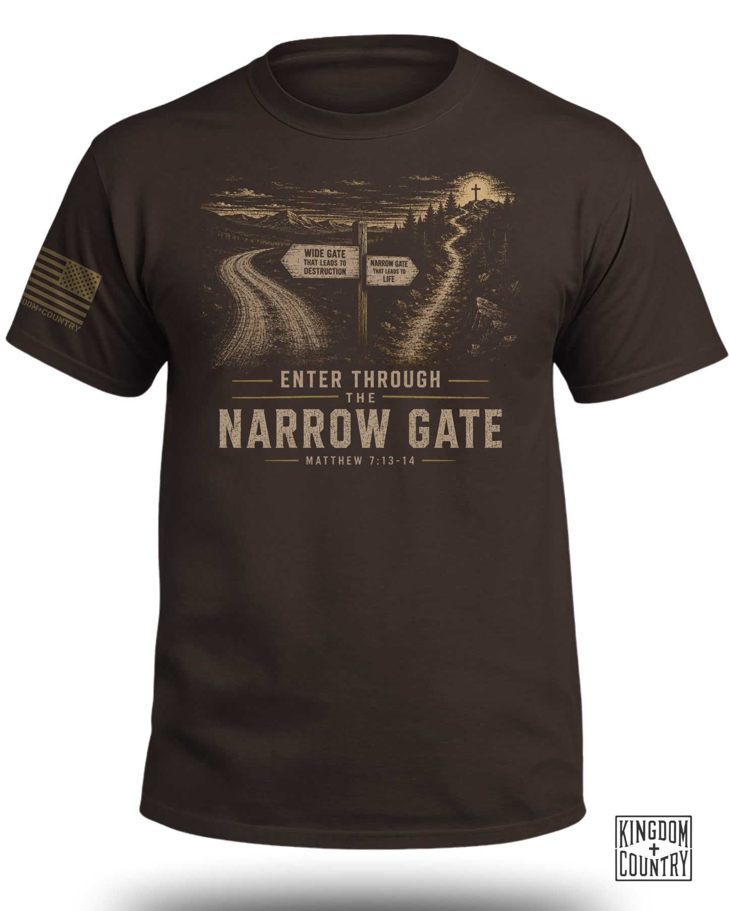 T-shirt graphic: Enter through the narrow gate, Matthew 7:13-14, with crossroads sign.