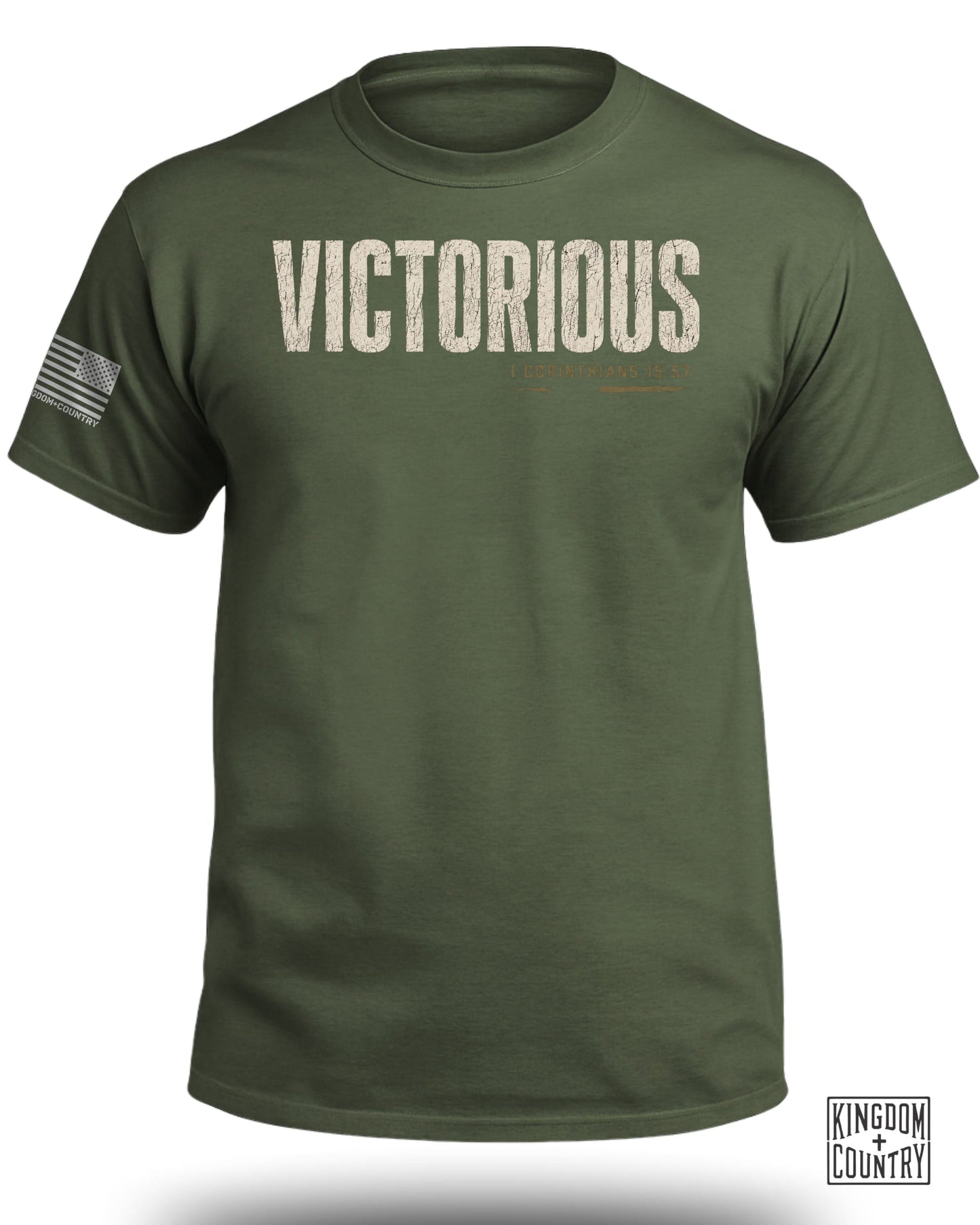 Olive green t-shirt with "VICTORIOUS" and scripture text, and an American flag on the sleeve.
