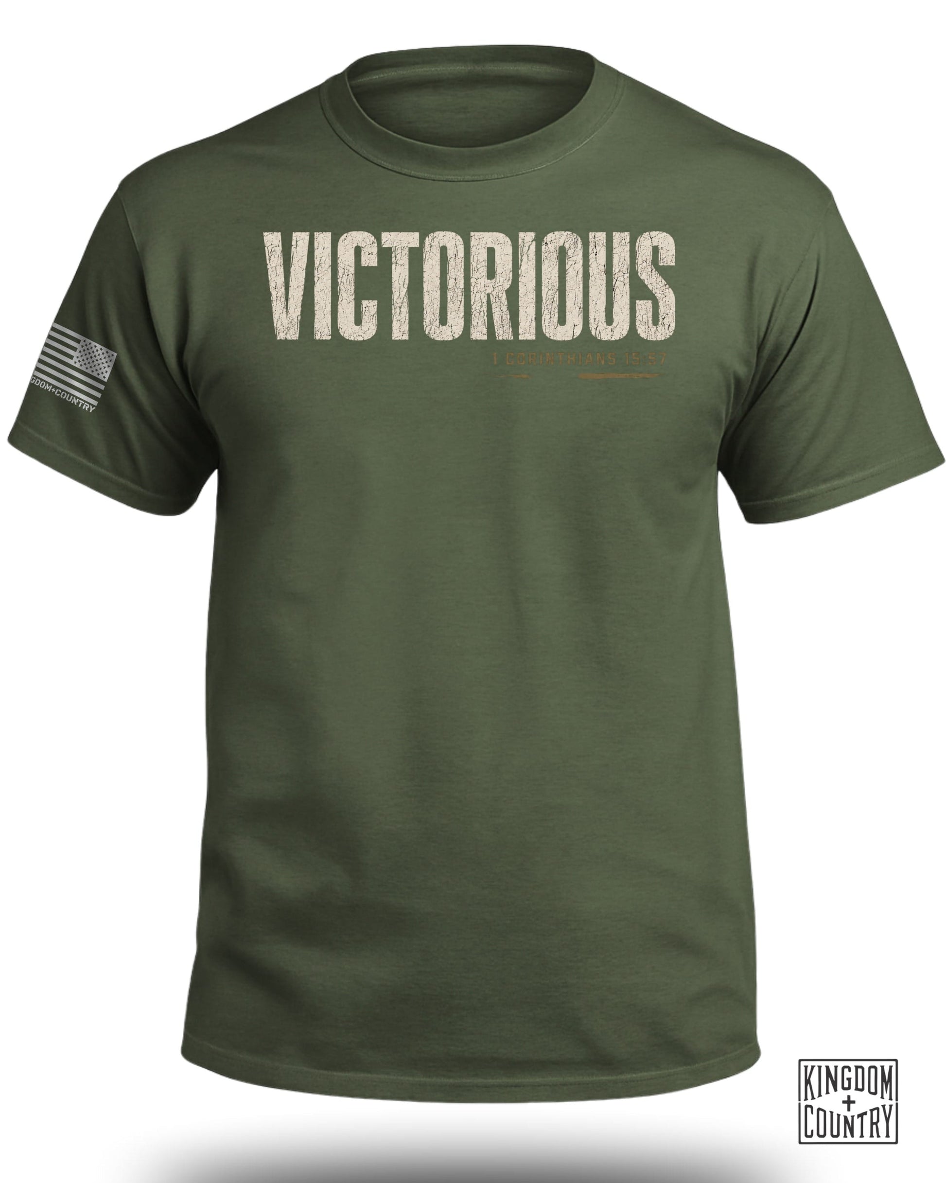 Olive green t-shirt with "VICTORIOUS" and scripture text, and an American flag on the sleeve.
