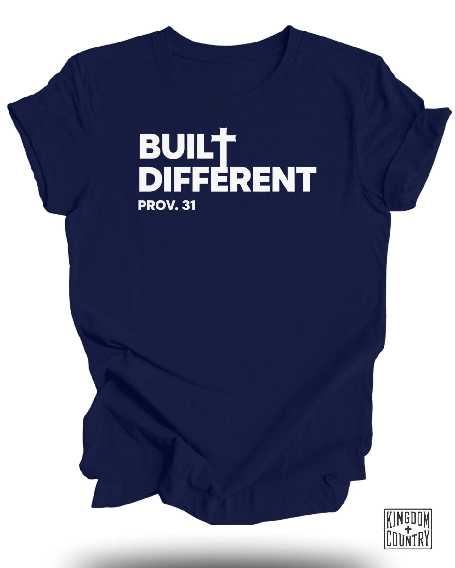 Navy t-shirt with "BUILT DIFFERENT PROV. 31" and Kingdom Country logo.