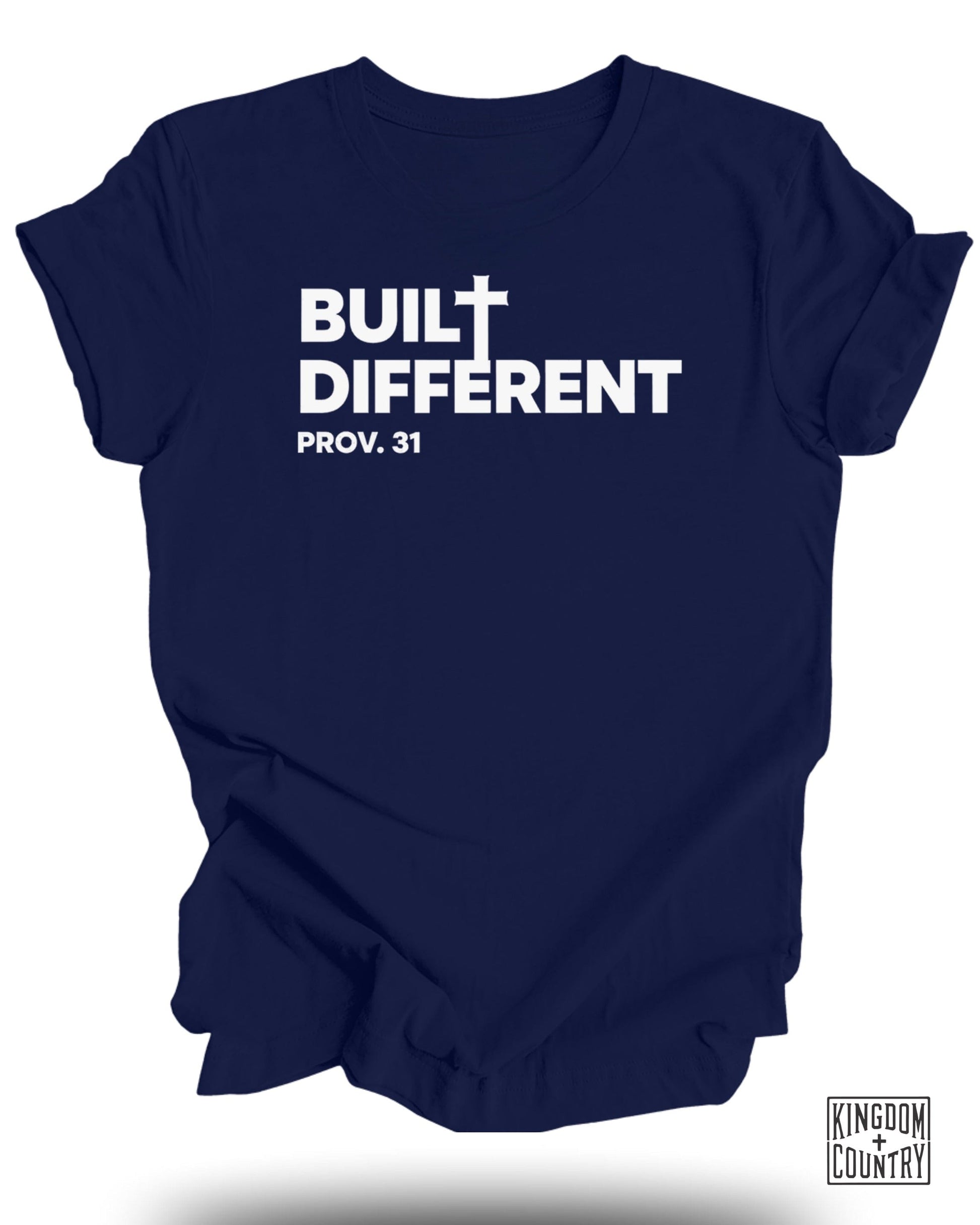 Navy t-shirt with "BUILT DIFFERENT PROV. 31" and Kingdom Country logo.