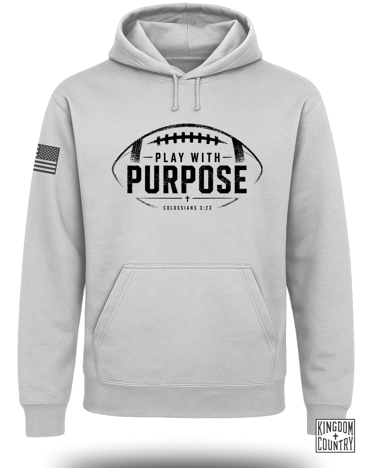 Light gray hoodie with "Play With Purpose" and Colossians 3:23 text.