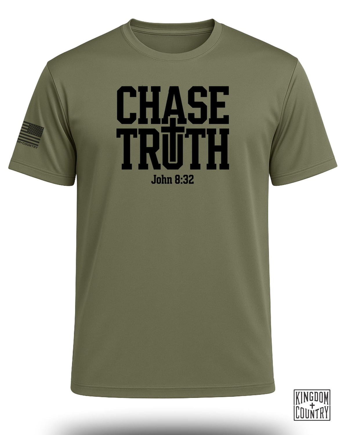 Olive green t-shirt with "CHASE TRUTH" and John 8:32 in black text.