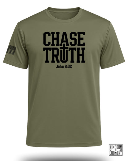 Olive green t-shirt with "CHASE TRUTH" and John 8:32 in black text.