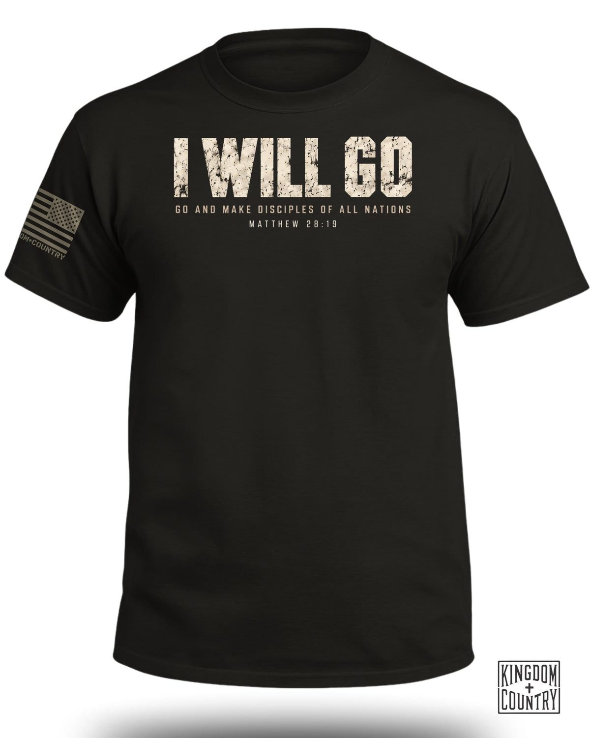 A black t-shirt featuring the distressed white text "I WILL GO" with "MATTHEW 28:19" underneath.