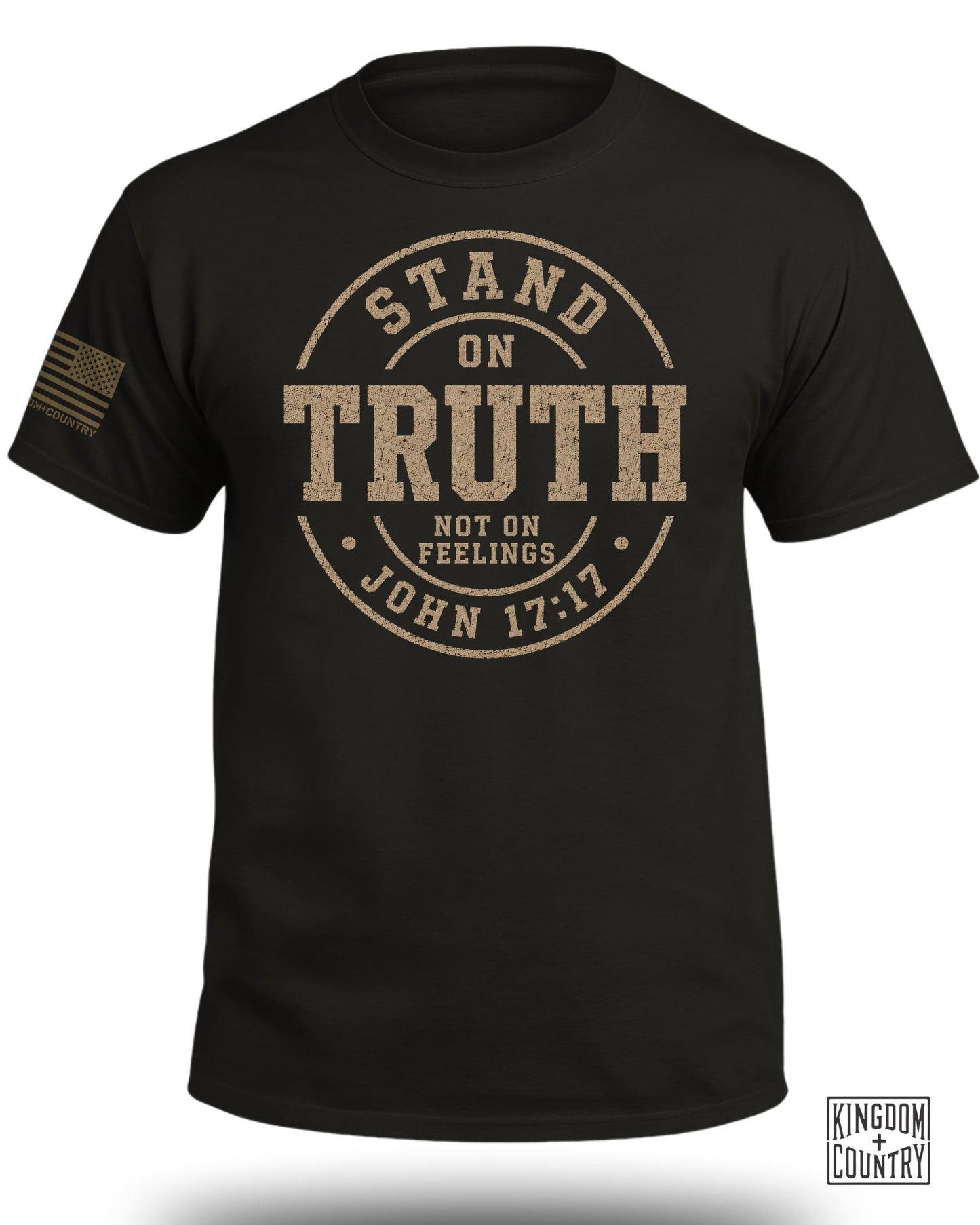 Black t-shirt with "Stand on Truth Not on Feelings John 17:17" graphic and flag patch.