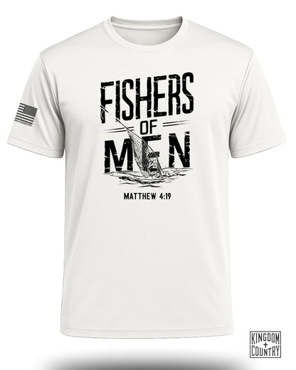 White t-shirt with "FISHERS OF MEN" graphic and "MATTHEW 4:19" text.