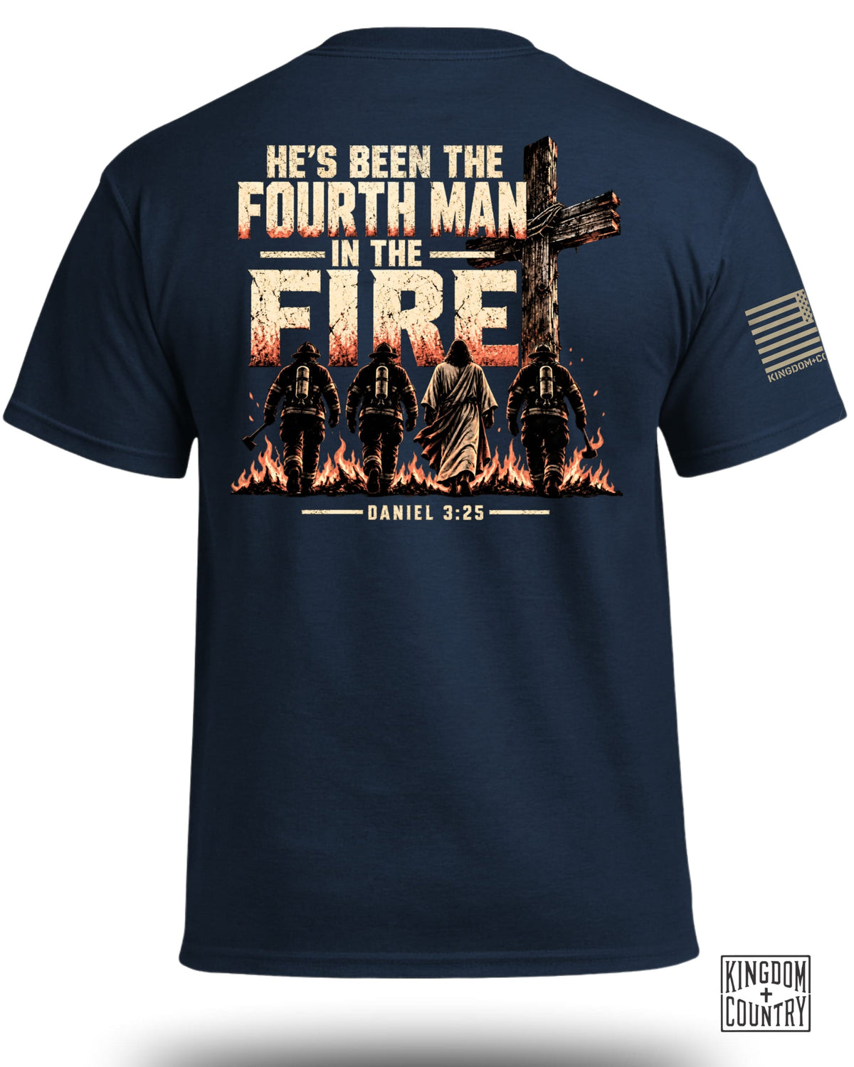 Dark t-shirt with graphic of Jesus and firefighters walking through fire, Daniel 3:25.