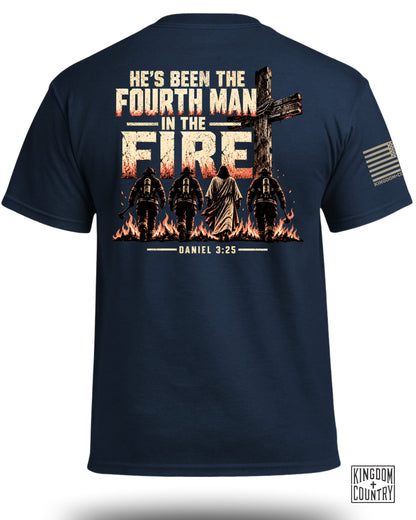 Dark t-shirt with graphic of Jesus and firefighters walking through fire, Daniel 3:25.