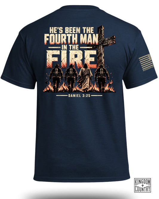 Dark t-shirt with graphic of Jesus and firefighters walking through fire, Daniel 3:25.