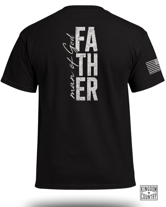 Black t-shirt with "FATHER" and "man of God" text, American flag detail.
