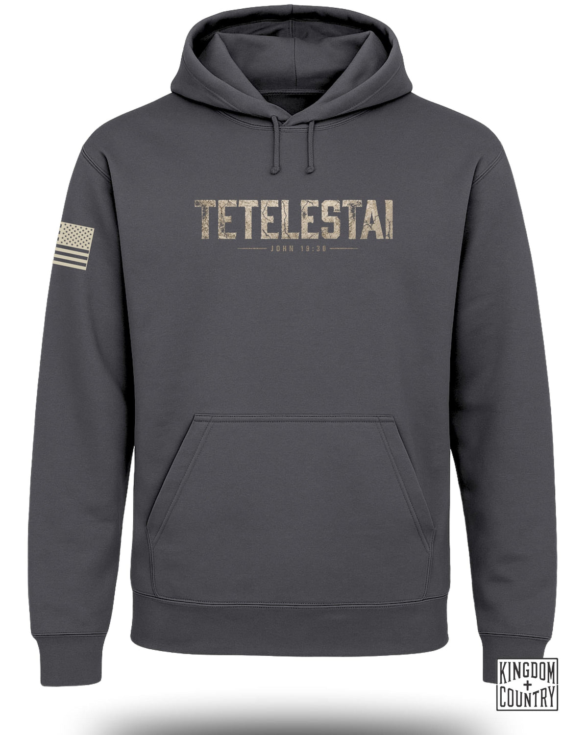 Gray hoodie with "TETELESTAI JOHN 19:30" text and US flag patch.