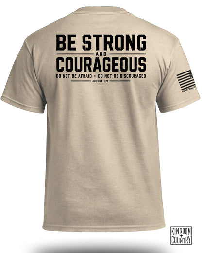 Tan t-shirt with "Be Strong and Courageous" and Joshua 1:9 text.