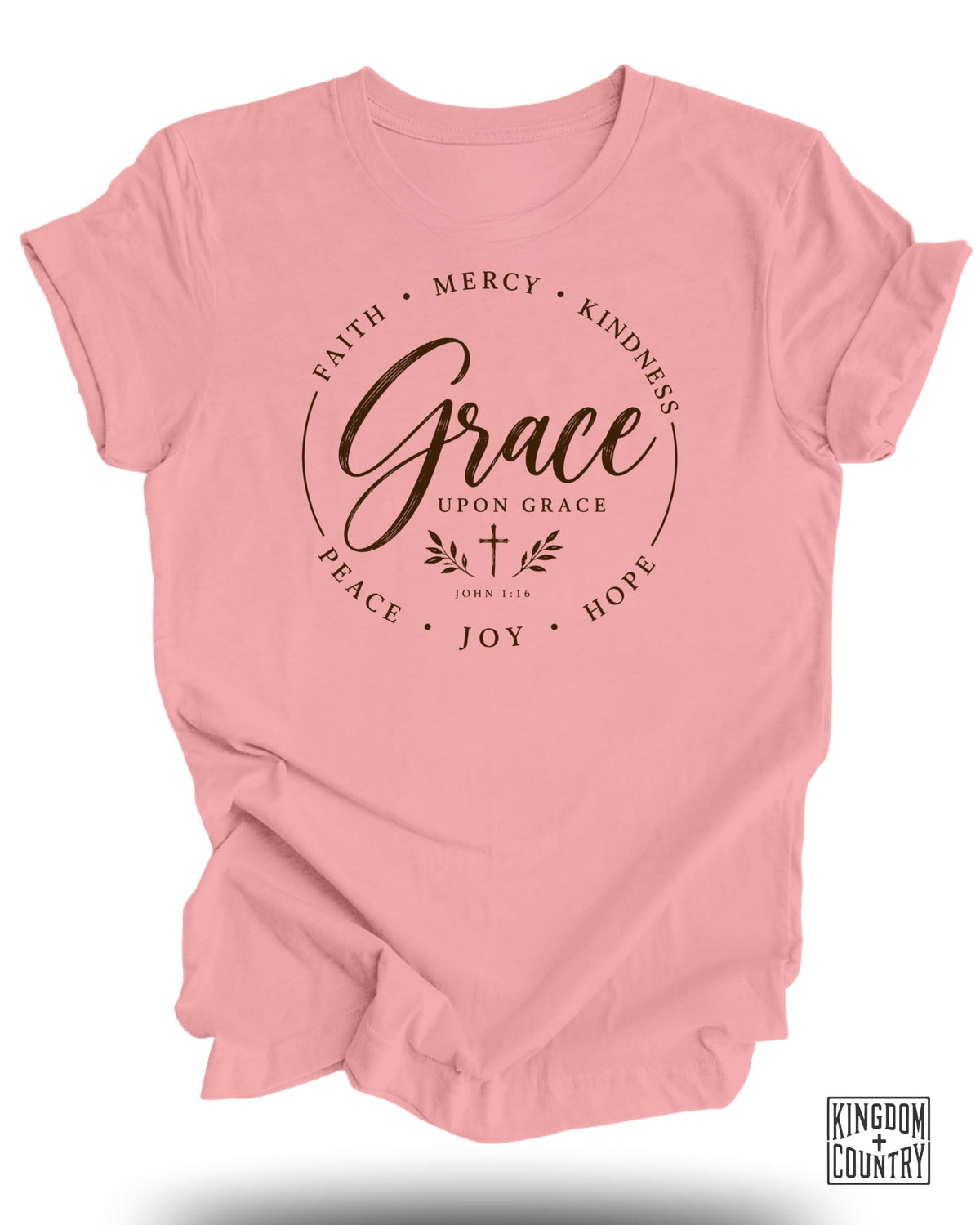Pink t-shirt with "Grace upon Grace" and Bible verse John 1:16.