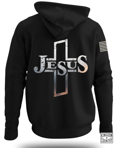 Jesus Cross Design Hoodie with American Flag Print
