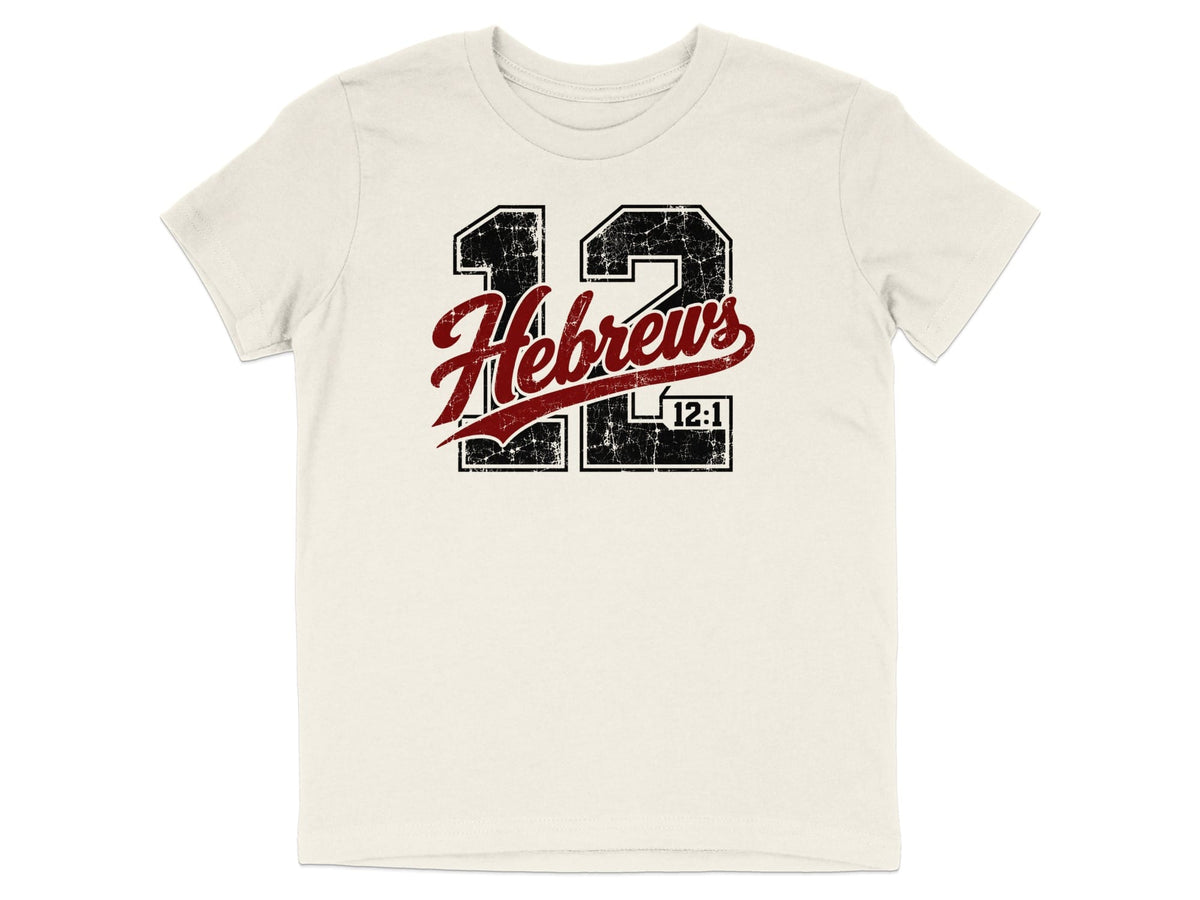 Cream t-shirt with distressed "12 Hebrews 12:1" graphic in black and red.
