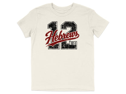 Cream t-shirt with distressed "12 Hebrews 12:1" graphic in black and red.