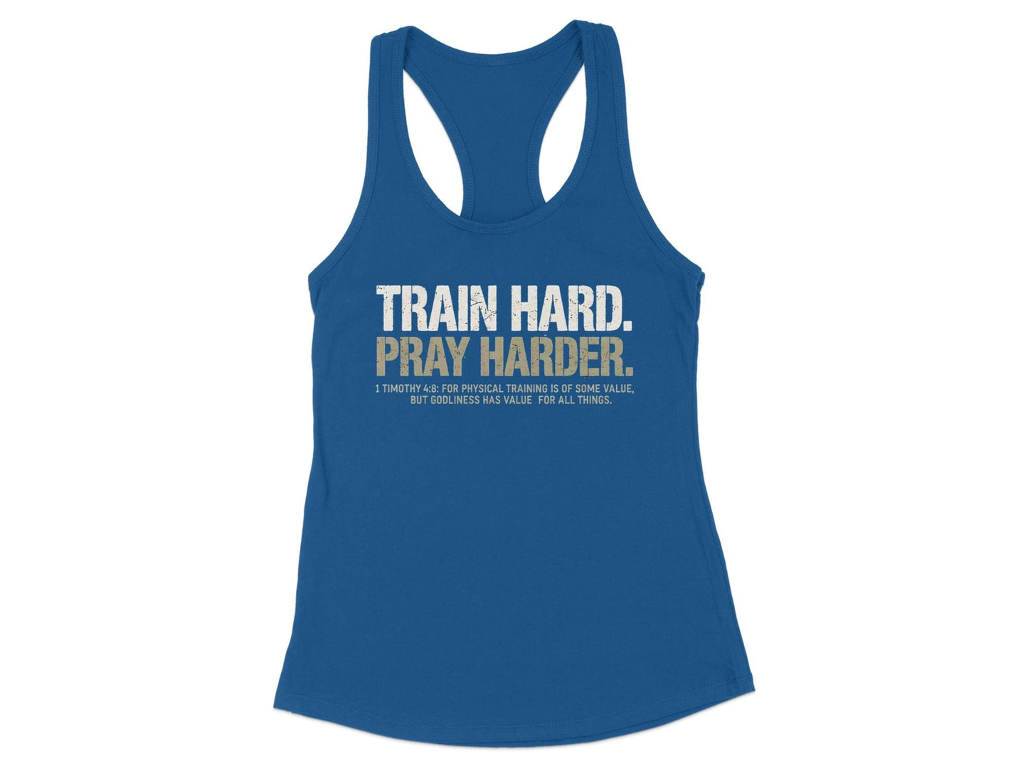 Train Hard Pray Harder Blue Racerback Tank Top product type
