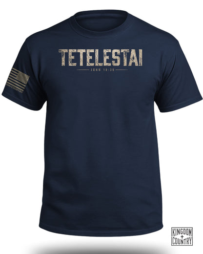 Navy t-shirt with "TETELITAI JOHN 19:30" text and US flag sleeve graphic.