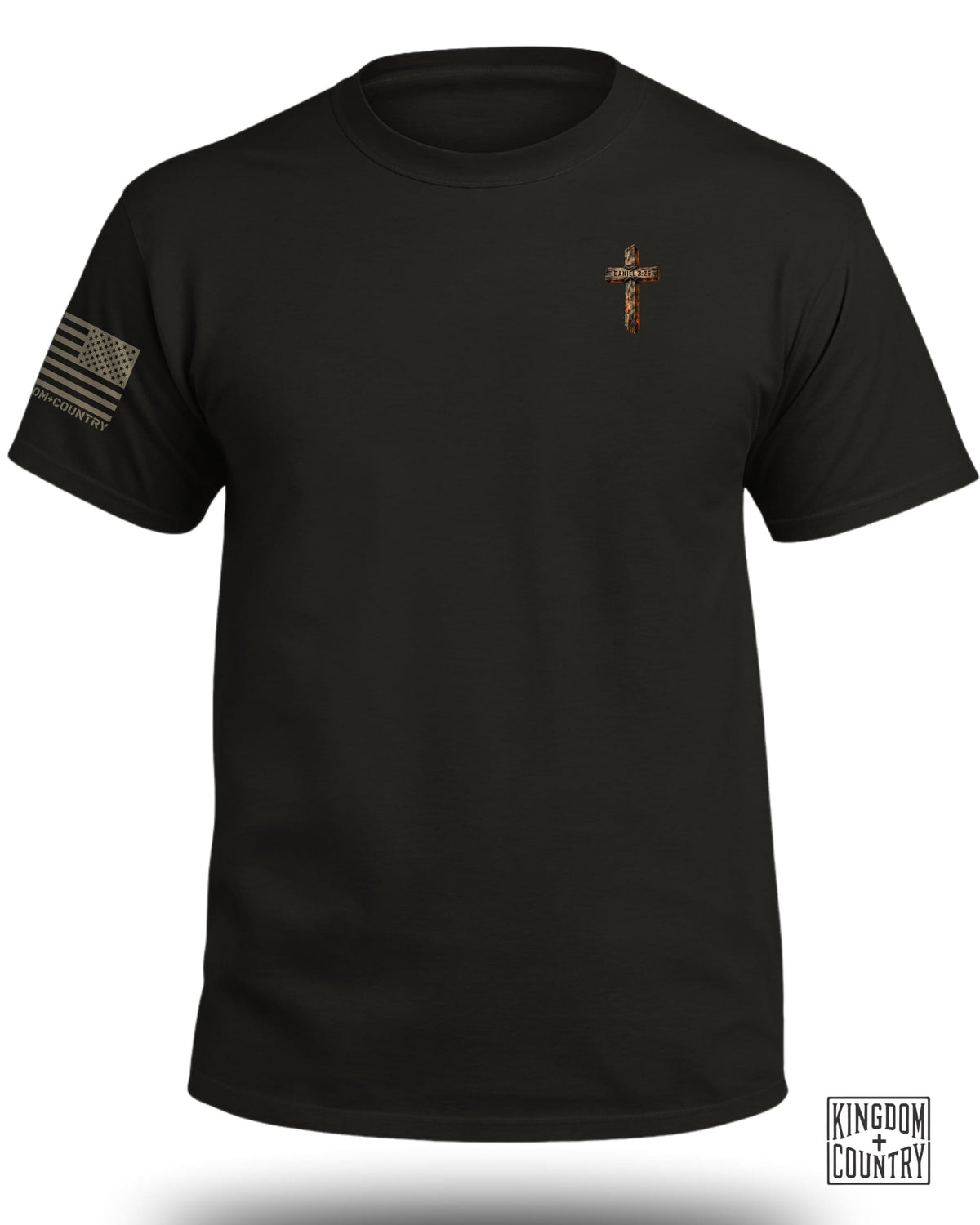 Black t-shirt with American flag sleeve and wooden cross with "Daniel 3:25" text.
