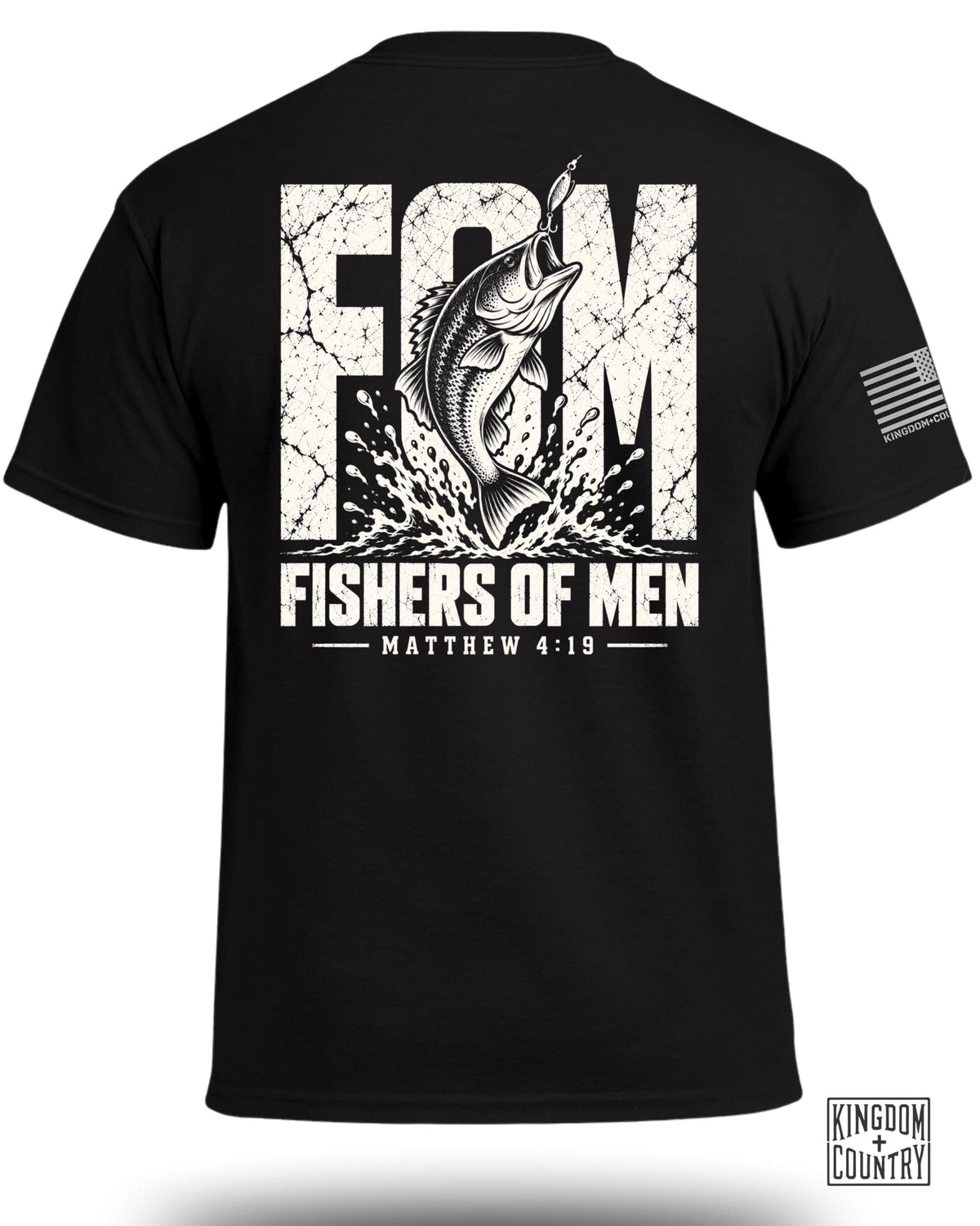 Black t-shirt with white graphic of a bass jumping, text "FISHERS OF MEN" and "MATTHEW 4:19".