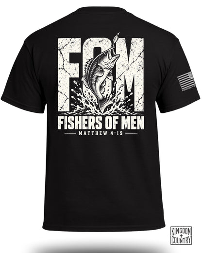 Black t-shirt with white graphic of a bass jumping, text "FISHERS OF MEN" and "MATTHEW 4:19".